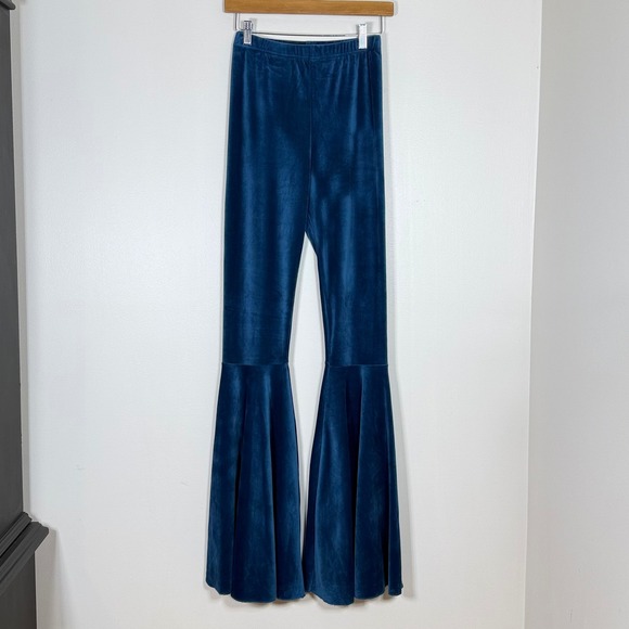 Grace & Emma Pants - Womens Velour Bell Bottom Pants S Teal Blue Flare Tall Retro Statement 70s Boho